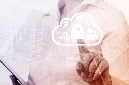 Cloud computing concept woman selecting virtual interface.