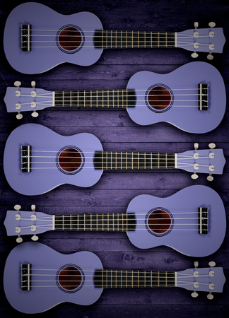A number of acoustic guitars in the background. Write text.の写真素材
