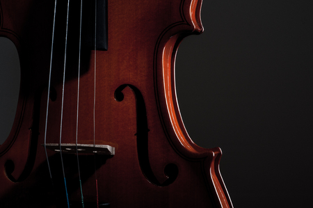 Violin musical instruments of orchestra closeup on blackの写真素材