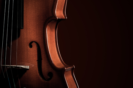 Violin musical instruments of orchestra closeup on blackの写真素材