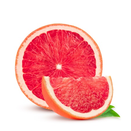Grapefruit with leaf isolated on white background. With clipping path. Full depth of fieldの写真素材