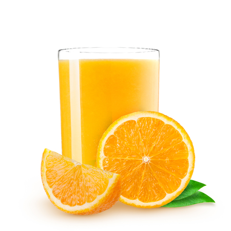 Isolated drink. Glass of orange juice and slices of orange fruit isolated on white background.の写真素材