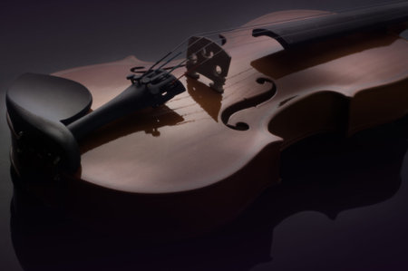 Violin musical instruments of orchestra closeup on black.の写真素材