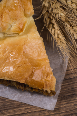 Sliced succulent meat pie with mushrooms and meatの写真素材