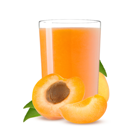 Orange apricots with leaf and apricot juice isolated on a white backgroundの写真素材