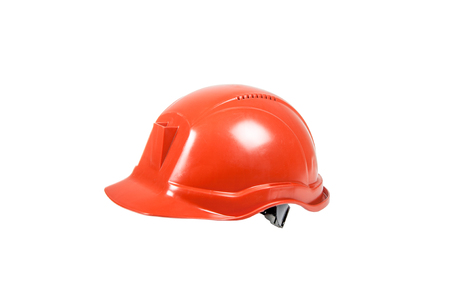 Red safety helmet isolated on white backgroundの写真素材