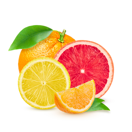 Isolated citrus fruits. Pieces of lemon, pink grapefruit and orange isolated on white backgroundの写真素材