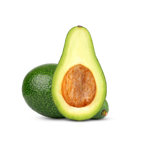Isolated avocado. Whole avocado fruit and two halves in a row isolated on white backgroundの写真素材