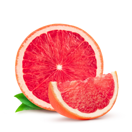 Grapefruit with leaf isolated on white background.の写真素材
