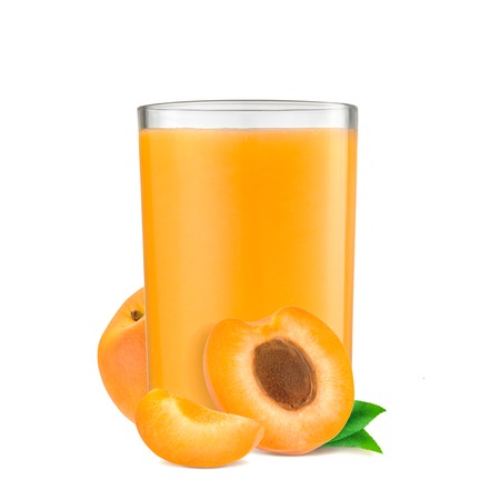 Orange apricots with leaf and apricot juice isolated on a white backgroundの写真素材
