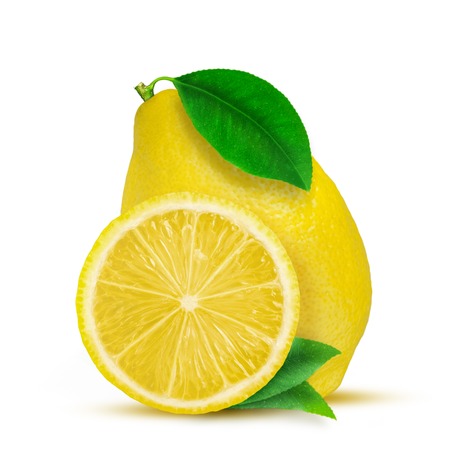 Lemon. Fruit with half and leaves isolated on whiteの写真素材