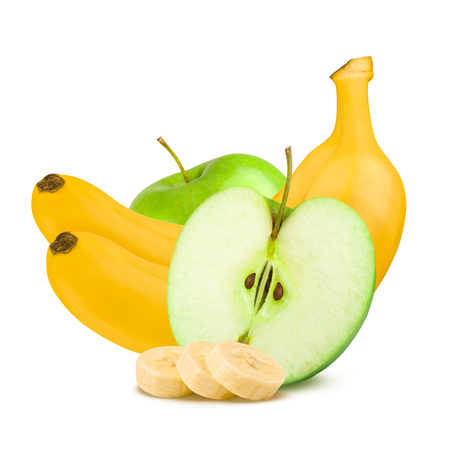 Isolated fruits. Green apples and bananas on white background.の写真素材