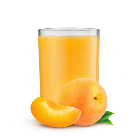 Orange apricots with leaf and apricot juice isolated on a white backgroundの写真素材
