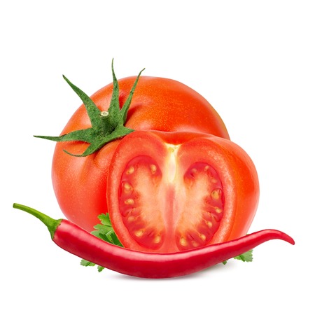 Tomatoes and red hot chili pepper isolated on white background.の写真素材