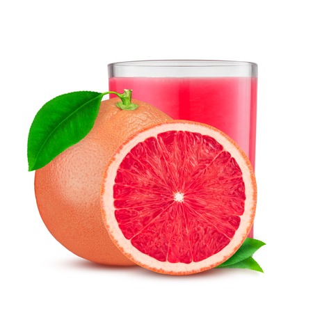 Glass of pink grapefruit juice isolated on whiteの写真素材