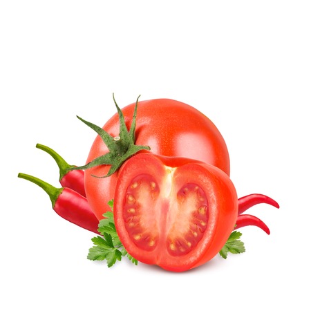 Tomatoes and red hot chili pepper isolated on white background.の写真素材