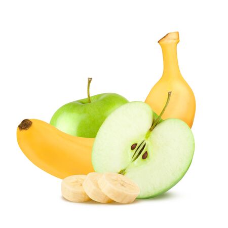 Isolated fruits. Green apples and bananas on white background.の写真素材