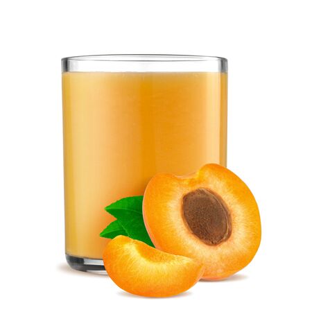 Orange apricots with leaf and apricot juice isolated on a white backgroundの写真素材