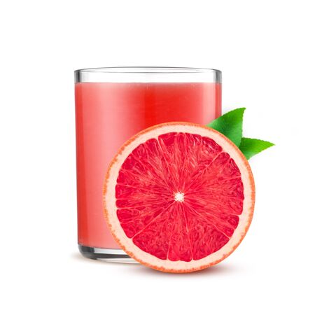 Glass of pink grapefruit juice isolated on whiteの写真素材