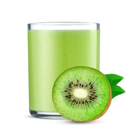 glass of juice with kiwi on a white backgroundの写真素材