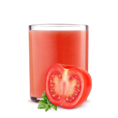 Glass of tomato juice and cut tomatoes isolated on white backgroundの写真素材