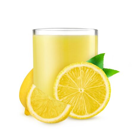 Glass of fresh lemon juice on white backgroundの写真素材