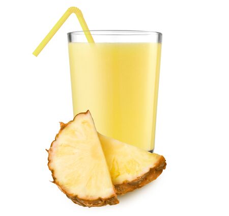 Glass of pineapple juice and slices of pineapple on white backgroundの写真素材
