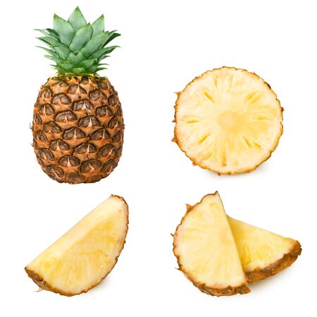 set of pineapple slices images on a white background.の写真素材