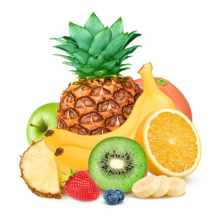 Isolated fruits. Pineapple, oranges and bananas on white backgroundの写真素材
