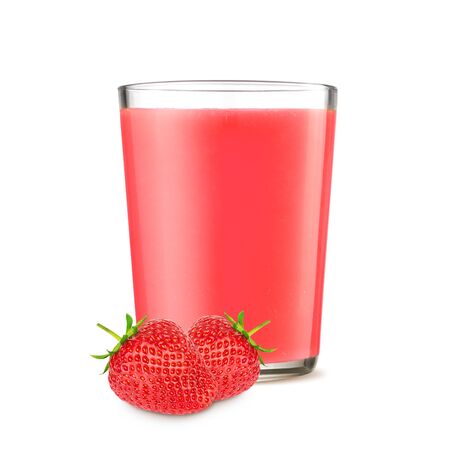 Strawberries and a glass with juice on an isolated white background.の写真素材