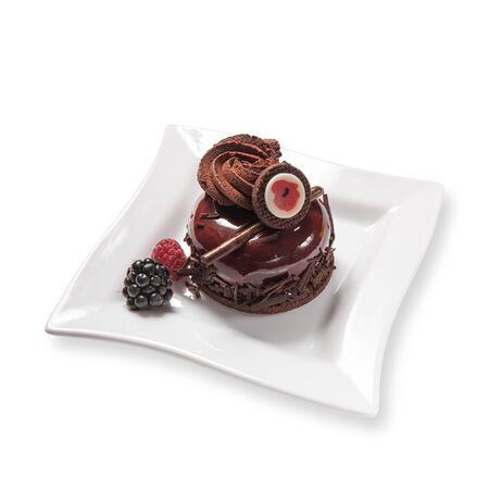 Delicious chocolate cake on plate on light backgroundの写真素材