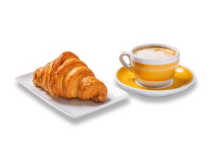 cup of coffee and croissants isolated on white backgroundの写真素材