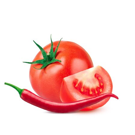 Tomatoes and red hot chili pepper isolated on white background.の写真素材