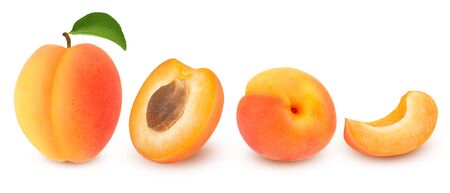 Isolated apricot. Fresh cut apricot fruits isolated on white background, with clipping pathの写真素材