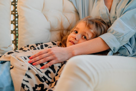a small, happy girl, a child on her mother's lap with a smile on the sofa at home at sunset on...