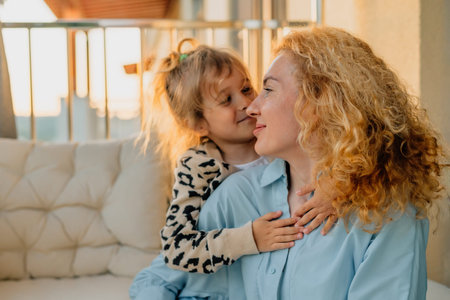 close-up portrait happy mother with daughter at home on the balcony sitting in a hammock chair,...