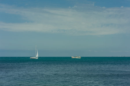 two small white yachts in the summer at sea in the distance