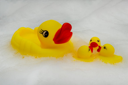 A large yellow rubber duck with a red beak and expressive eyes is surrounded by three smaller rubber ducks against a background of white foam.の写真素材