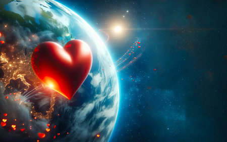 The image shows a large red heart glowing and floating in space near the Earth. Smaller hearts are scattered around the larger heart and the Earth, creating a magical effect.の素材