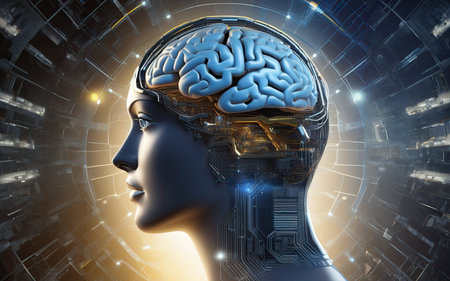 This is a conceptual image that illustrates the intersection of human intelligence and artificial intelligence. A human brain is superimposed on a robotic head, symbolizing the integration of natural and artificial elements. The character is fictional, the image was created using the Fooocus v2. Lexica Apertureの素材