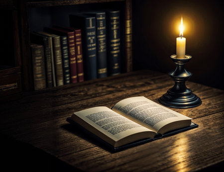 An image of an open book illuminated by candlelight. On a wooden table against the background of a collection of books. AI-generated imageの素材