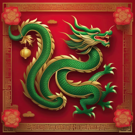 The green dragon, adorned with gold accents, is depicted on a deep red background decorated with intricate gold designs. Chinese New Year concept. AI-generated imageの素材