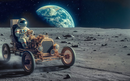 An astronaut in an car rides on the moonの素材
