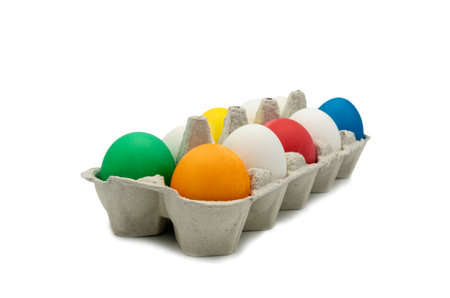 Decorated Easter egg in a tray for chicken eggs. Unpainted chicken eggs in a cardboard tray.Isolated backgroundの写真素材