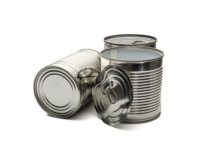 Close-up various metal and white tin can on white background separated shot.の写真素材