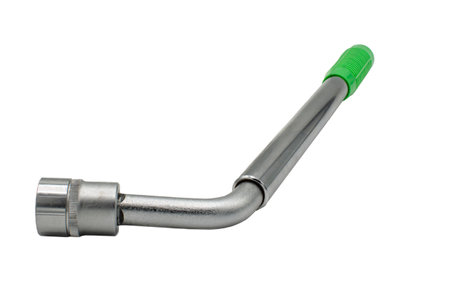Wheel wrench with head isolated on white. Car accessory for changing a wheel on a car. Shiny metal.の写真素材