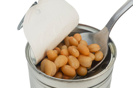 Large canned beans in a tin can on a spoon, top viewの写真素材