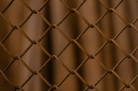 Rusty steel mesh fence background. Texture of rusty metal wire. Perspective metal mesh wall with blurred background.の写真素材