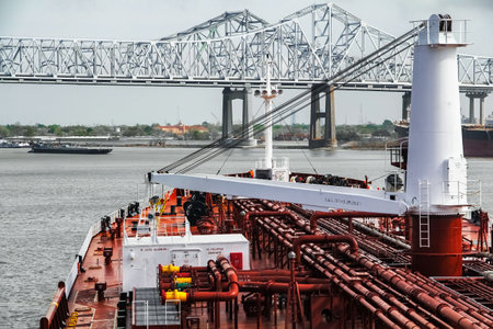New Orleans, Louisiana, USA, November 03, 2012 â Mississippi River. Tanker passes under the bridgeの写真素材