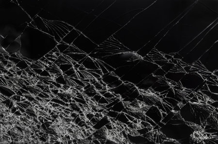 This image depicts a striking close-up of cracked glass with intricate patterns and sharp fractures.